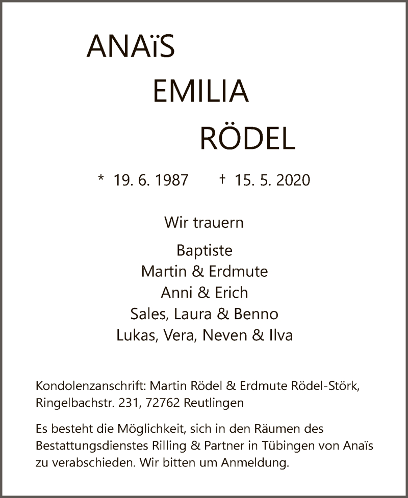  Traueranzeige für Anais Emilia Rödel vom 20.05.2020 aus Reutlinger General-Anzeiger