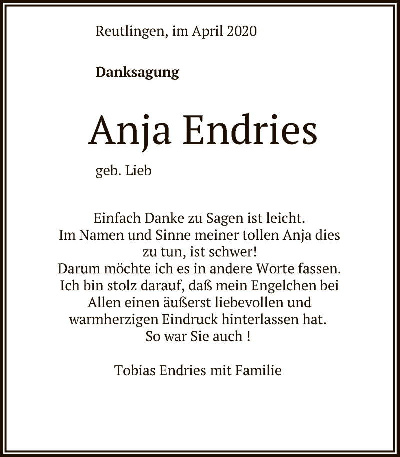  Traueranzeige für Anja Endries vom 02.05.2020 aus Reutlinger General-Anzeiger