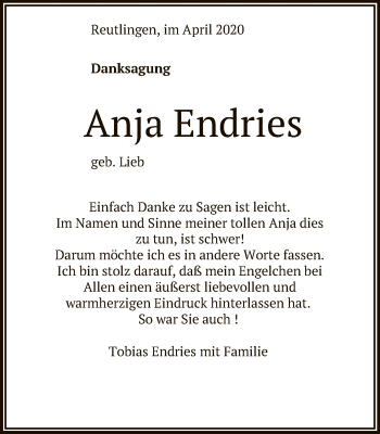 Anzeige von Anja Endries von Reutlinger General-Anzeiger