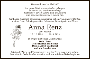 Anzeige von Anna Renz von Reutlinger General-Anzeiger