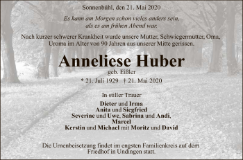 Anzeige von Anneliese Huber von Reutlinger General-Anzeiger