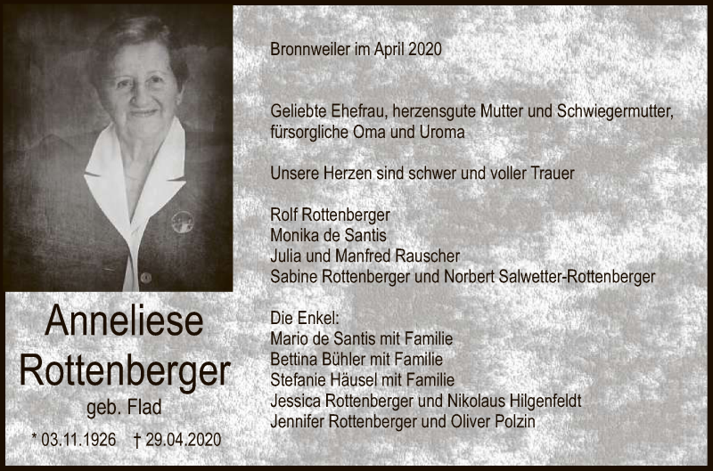  Traueranzeige für Anneliese Rottenberger vom 06.05.2020 aus Reutlinger General-Anzeiger
