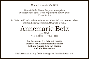 Anzeige von Annemarie Betz von Reutlinger General-Anzeiger