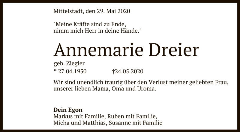  Traueranzeige für Annemarie Dreier vom 29.05.2020 aus Reutlinger General-Anzeiger