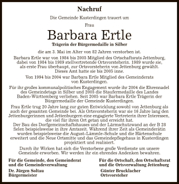 Anzeige von Barbara Ertle von Reutlinger General-Anzeiger