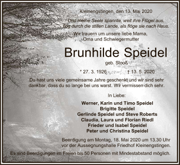 Anzeige von Brunhilde Speidel von Reutlinger General-Anzeiger