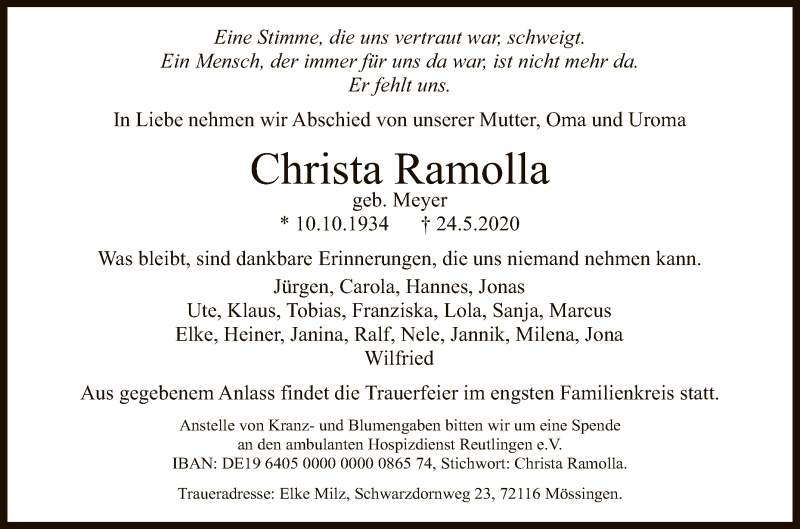  Traueranzeige für Christa Ramolla vom 28.05.2020 aus Reutlinger General-Anzeiger
