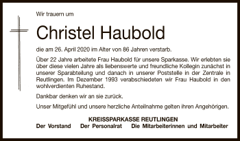 Anzeige von Christel Haubold von Reutlinger General-Anzeiger