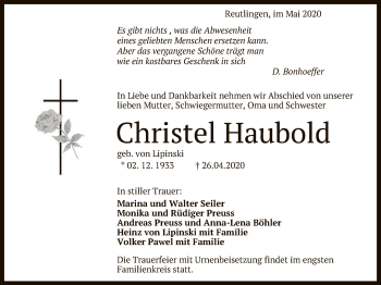 Anzeige von Christel Haubold von Reutlinger General-Anzeiger