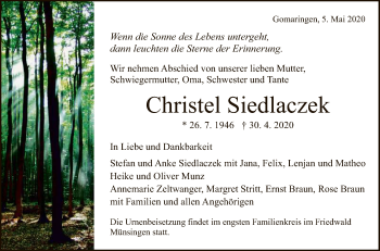 Anzeige von Christel Siedlaczek von Reutlinger General-Anzeiger