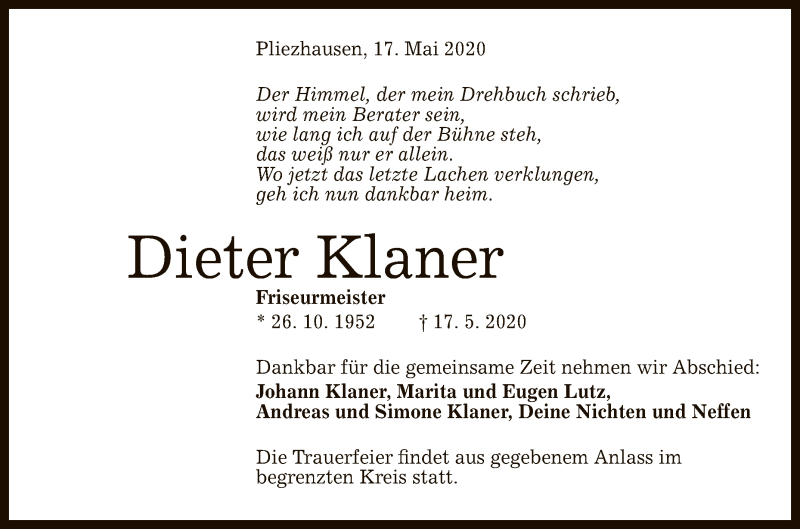  Traueranzeige für Dieter Klaner vom 22.05.2020 aus Reutlinger General-Anzeiger