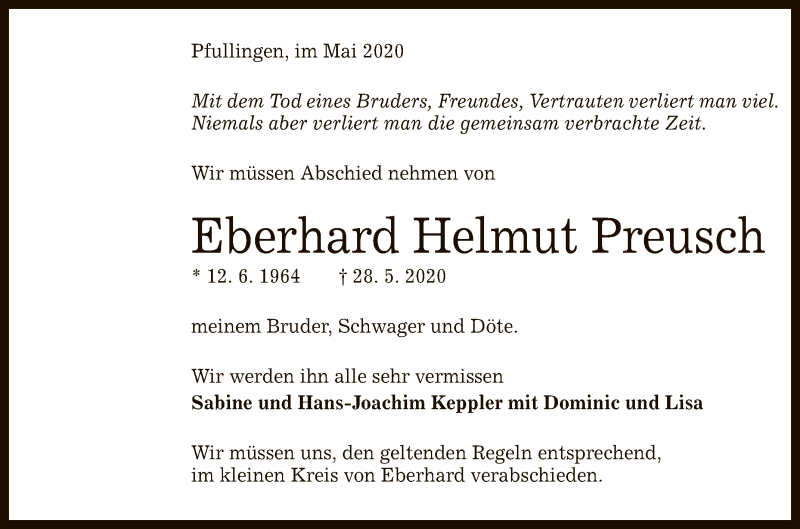  Traueranzeige für Eberhard Helmut Preusch vom 30.05.2020 aus Reutlinger General-Anzeiger