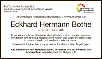 Anzeige von Eckhard Hermann Bothe von Reutlinger General-Anzeiger