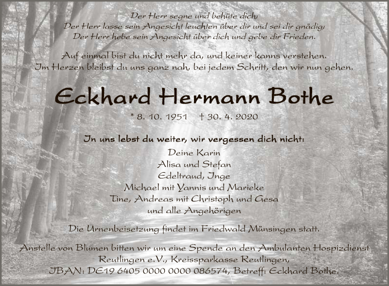  Traueranzeige für Eckhard Hermann Bothe vom 09.05.2020 aus Reutlinger General-Anzeiger