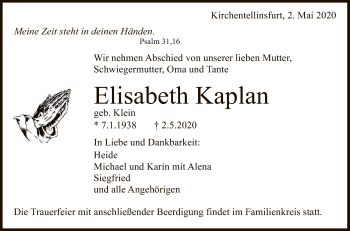 Anzeige von Elisabeth Kaplan von Reutlinger General-Anzeiger