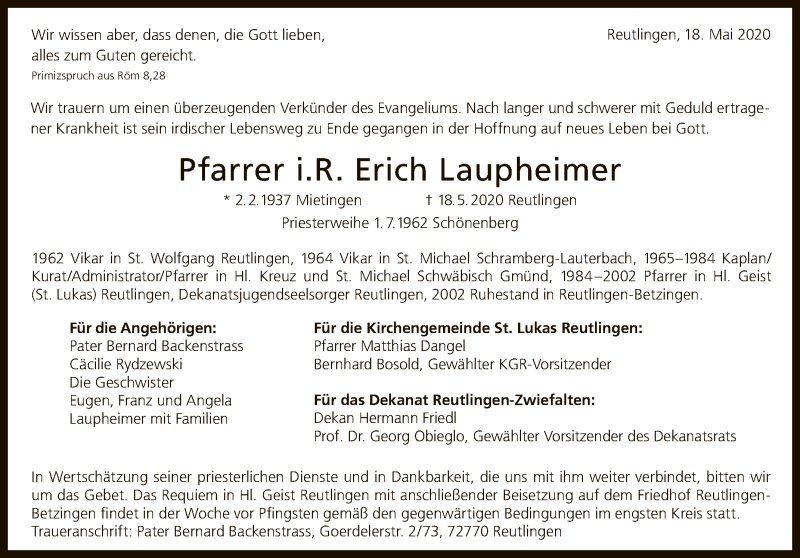  Traueranzeige für Erich Laupheimer vom 22.05.2020 aus Reutlinger General-Anzeiger