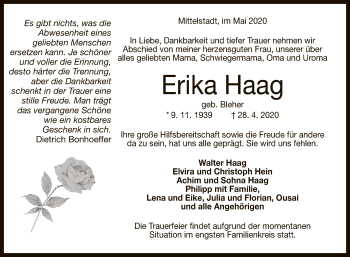 Anzeige von Erika Haag von Reutlinger General-Anzeiger