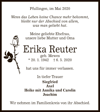 Anzeige von Erika Reuter von Reutlinger General-Anzeiger