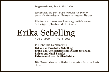 Anzeige von Erika Schelling von Reutlinger General-Anzeiger