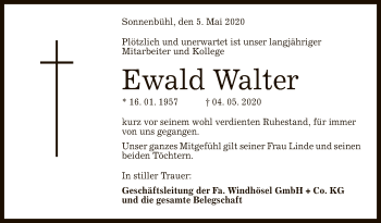 Anzeige von Ewald Walter von Reutlinger General-Anzeiger