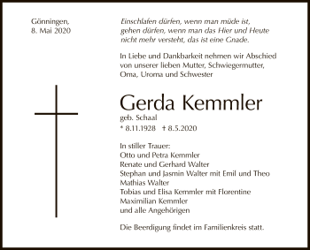 Anzeige von Gerda Kemmler von Reutlinger General-Anzeiger