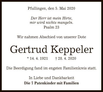 Anzeige von Gertrud Keppeler von Reutlinger General-Anzeiger