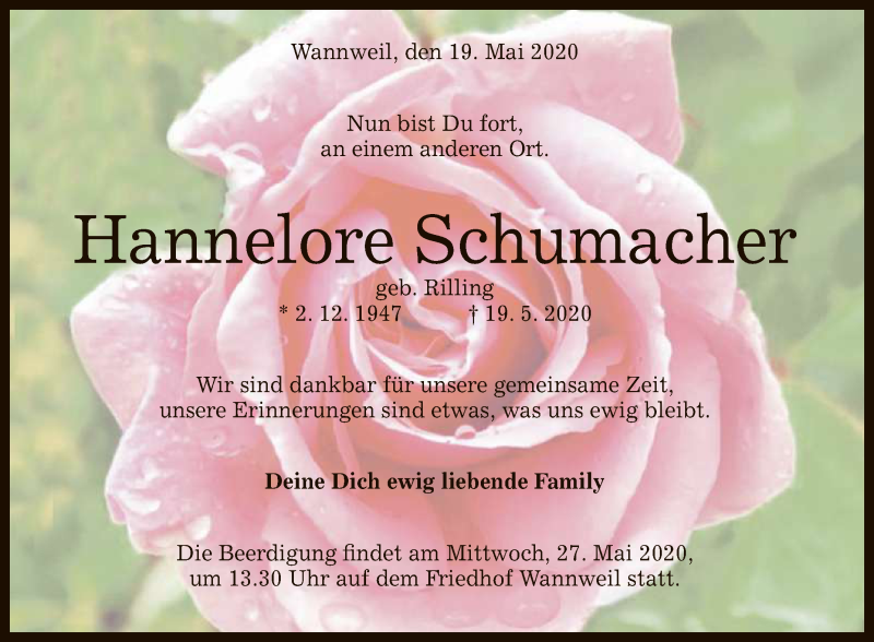  Traueranzeige für Hannelore Schumacher vom 23.05.2020 aus Reutlinger General-Anzeiger