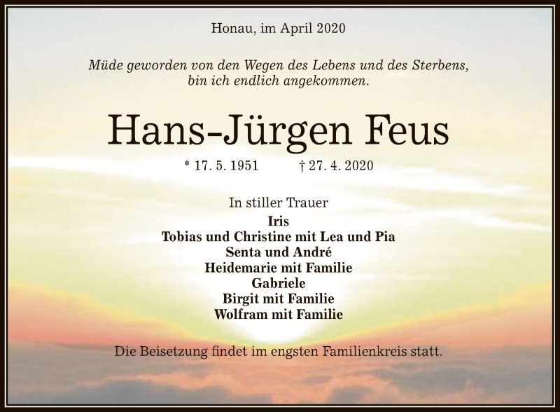  Traueranzeige für Hans-Jürgen Feus vom 02.05.2020 aus Reutlinger General-Anzeiger