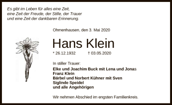 Anzeige von Hans Klein von Reutlinger General-Anzeiger