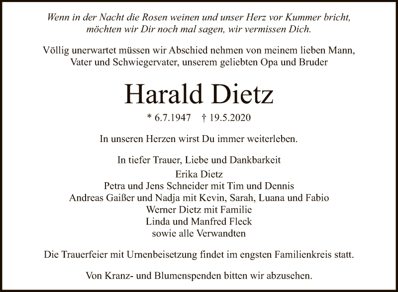  Traueranzeige für Harald Dietz vom 23.05.2020 aus Reutlinger General-Anzeiger