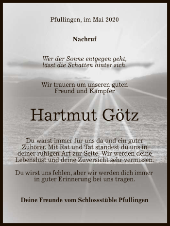 Anzeige von Hartmut Götz von Reutlinger General-Anzeiger