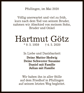 Anzeige von Hartmut Götz von Reutlinger General-Anzeiger