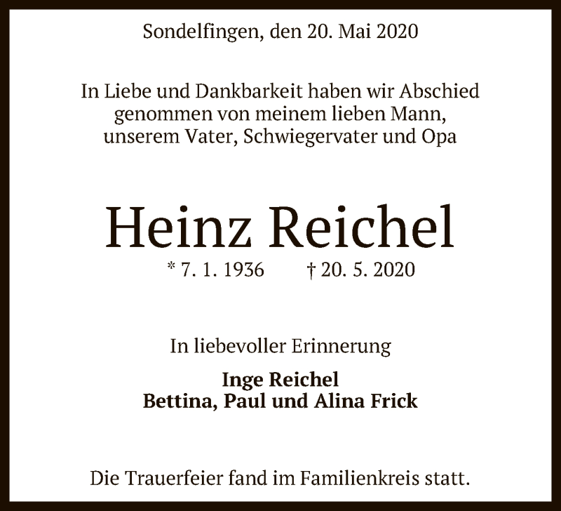  Traueranzeige für Heinz Reichel vom 26.05.2020 aus Reutlinger General-Anzeiger