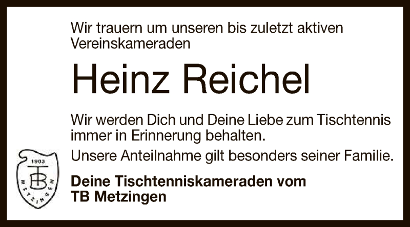  Traueranzeige für Heinz Reichel vom 26.05.2020 aus Reutlinger General-Anzeiger