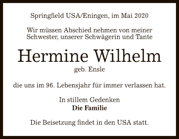 Anzeige von Hermine Wilhelm von Reutlinger General-Anzeiger
