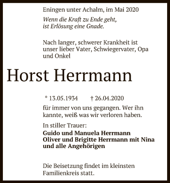 Anzeige von Horst Herrmann von Reutlinger General-Anzeiger