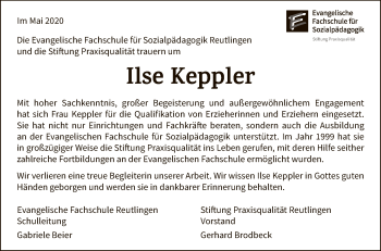 Anzeige von Ilse Keppler von Reutlinger General-Anzeiger
