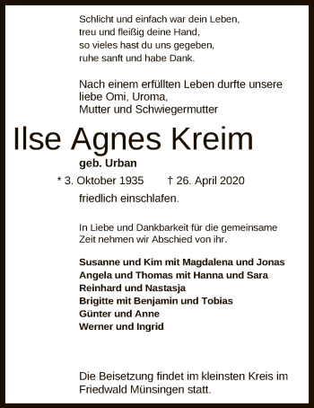 Anzeige von Ilse Agnes Kreim von Reutlinger General-Anzeiger