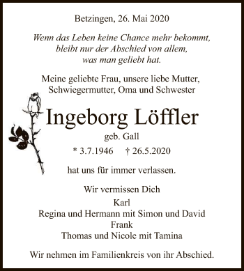 Anzeige von Ingeborg Löffler von Reutlinger General-Anzeiger