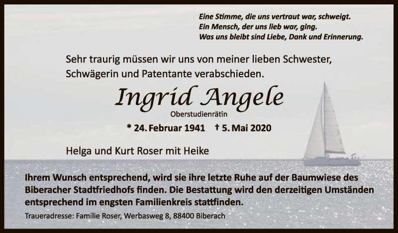  Traueranzeige für Ingrid Angele vom 12.05.2020 aus Reutlinger General-Anzeiger