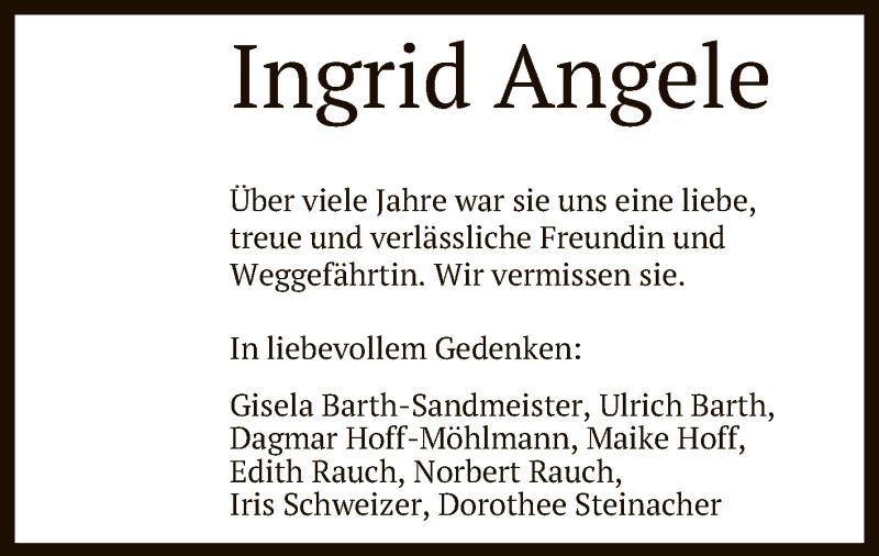  Traueranzeige für Ingrid Angele vom 12.05.2020 aus Reutlinger General-Anzeiger