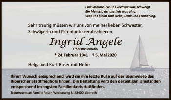 Anzeige von Ingrid Angele von Reutlinger General-Anzeiger