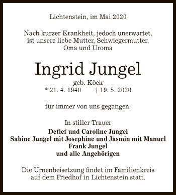 Anzeige von Ingrid Jungel von Reutlinger General-Anzeiger