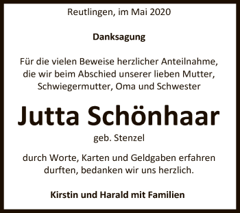 Anzeige von Jutta Schönhaar von Reutlinger General-Anzeiger