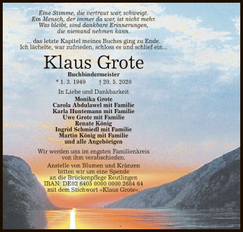 Anzeige von Klaus Grote von Reutlinger General-Anzeiger
