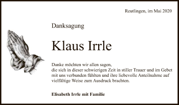 Anzeige von Klaus Irrle von Reutlinger General-Anzeiger