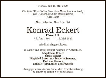 Anzeige von Konrad Eckert von Reutlinger General-Anzeiger