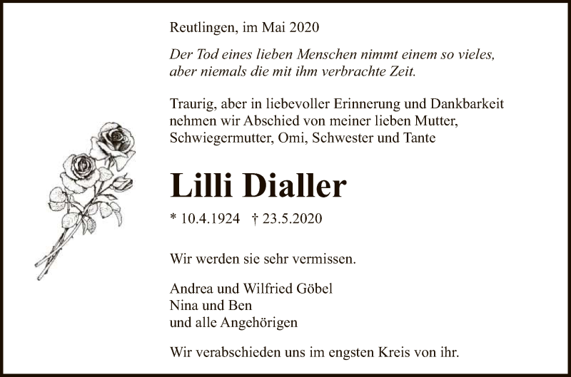  Traueranzeige für Lilli Dialler vom 30.05.2020 aus Reutlinger General-Anzeiger