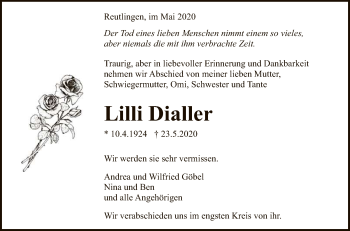 Anzeige von Lilli Dialler von Reutlinger General-Anzeiger