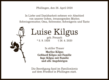Anzeige von Luise Kilgus von Reutlinger General-Anzeiger